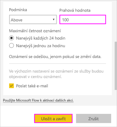 Snímek obrazovky okna Spravovat výstrahy se zvýrazněnou položkou Prahová hodnota 100