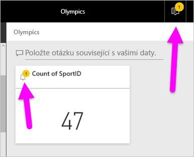 Snímek obrazovky s ikonou oznámení a upozorněním v centru oznámení služba Power BI