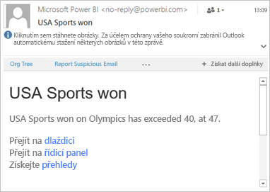 Snímek obrazovky s ukázkovým e-mailem s odkazy na Power BI