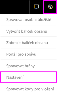 Snímek obrazovky řádku nabídek Power BI se zvýrazněnou ikonou ozubeného kola a možností Nastavení