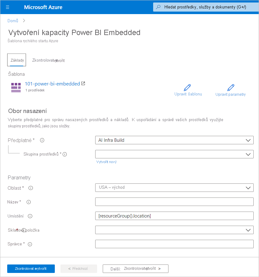 Snímek obrazovky znázorňující kartu Základy na stránce Vytvořit kapacitu Power BI Embedded pro vytvoření nové kapacity na webu Azure Portal