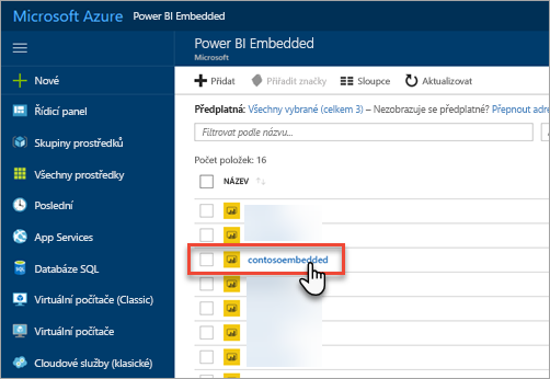 Screenshot of the Azure portal, which shows the list of Power BI Embedded capacities.