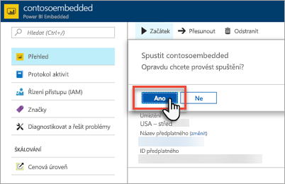 Screenshot of the Azure portal, which shows the highlighted Yes button in the start capacity dialog.