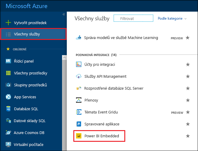 Screenshot of Azure services in Azure portal.