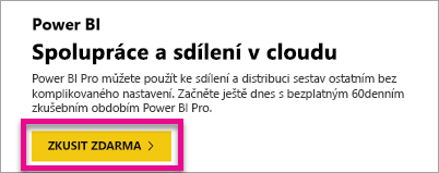 Snímek obrazovky s nabídkou bezplatné zkušební verze Power BI