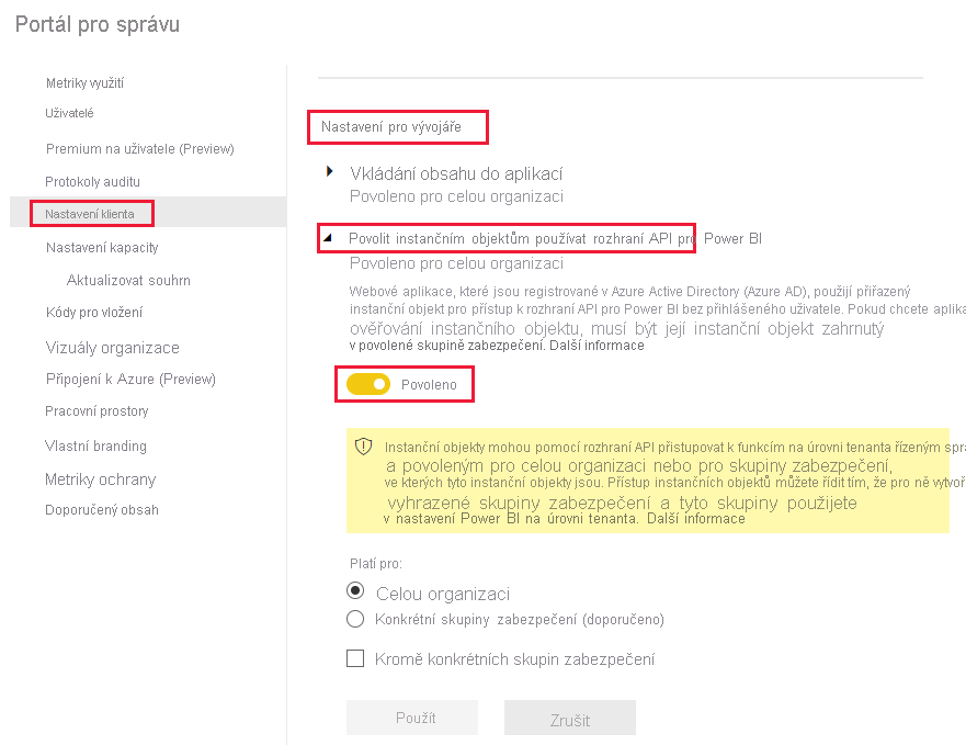 Snímek obrazovky znázorňující, jak ve službě Power BI povolit možnost nastavení pro vývojáře v nabídce nastavení tenanta
