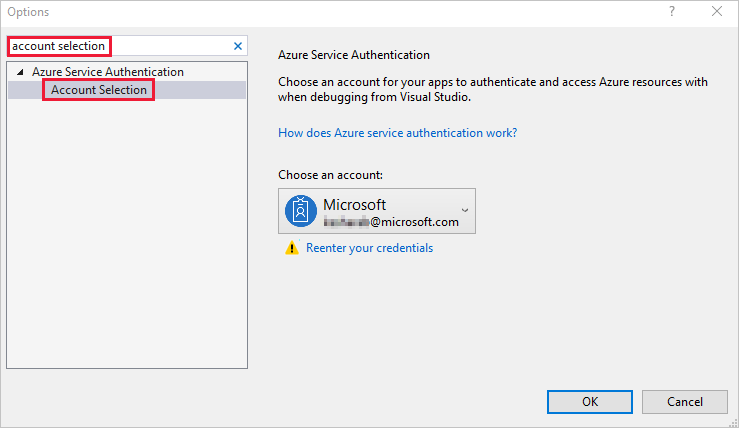 Snímek obrazovky s oknem Možnosti sady Visual Studio, ve kterém se ve výsledcích hledání zobrazuje zvýrazněná možnost Výběr účtu