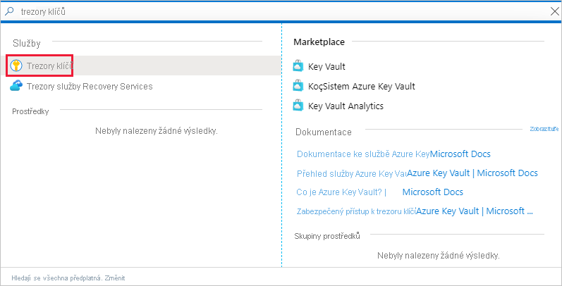 Snímek obrazovky s oknem webu Azure Portal zobrazující odkaz na službu trezoru klíčů v seznamu Služeb