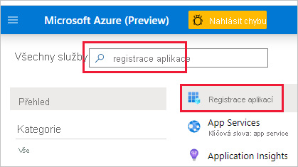 Snímek obrazovky webu Azure Portal s registrací aplikace do vyhledávacího pole Toto pole a ikona Registrace aplikací jsou zvýrazněné.