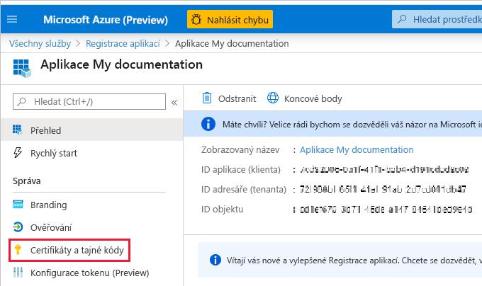 Snímek obrazovky se stránkou Přehled nové aplikace V navigačním podokně jsou zvýrazněné certifikáty a tajné kódy.