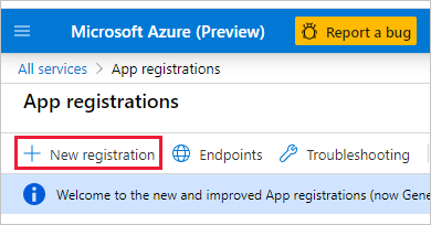 Snímek obrazovky se stránkou Registrace aplikací na webu Azure Portal Je zvýrazněná nová registrace.