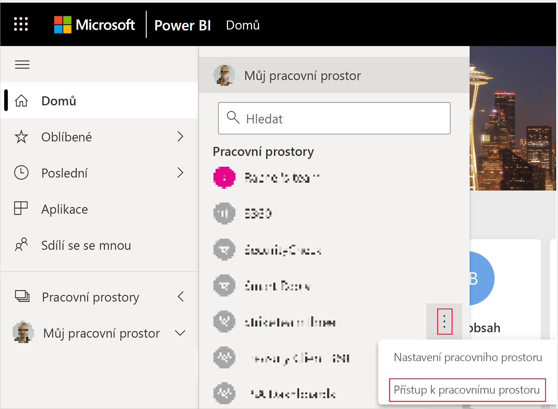 Snímek obrazovky s tlačítkem pro přístup k pracovnímu prostoru v další nabídce pracovního prostoru Power BI