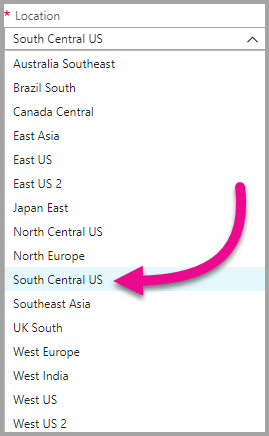 Screenshot of the Azure portal capacity creation screen, which shows the home tenant default selection in the location drop-down menu.