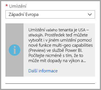 Screenshot of the Azure portal capacity creation screen, which shows the capacity's location is different than the default tenant location.