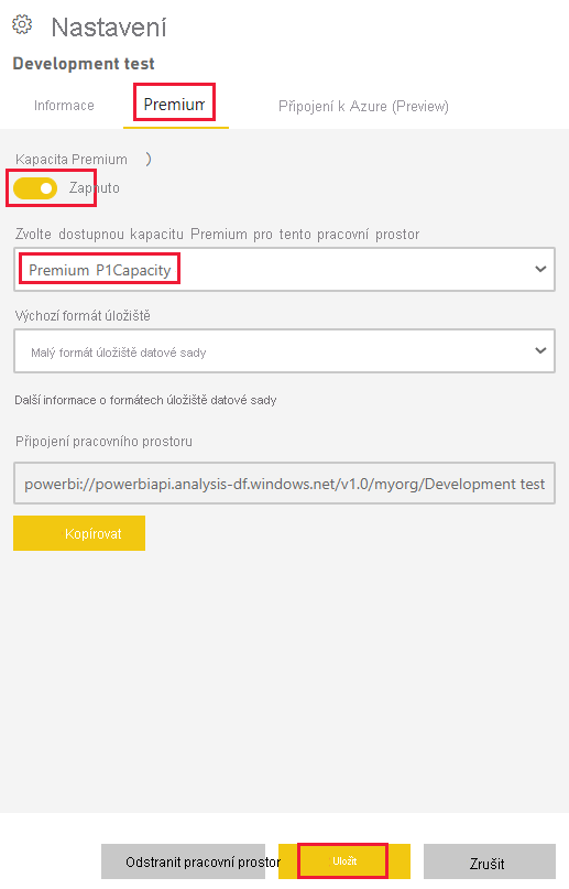 Snímek obrazovky s nastavením Premium pracovního prostoru v služba Power BI Vybraná kapacita a tlačítko Uložit jsou zvýrazněné.