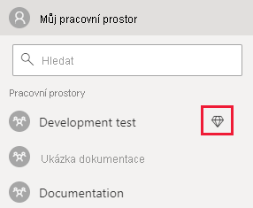 Snímek obrazovky s služba Power BI V seznamu Pracovních prostorů je vedle názvu pracovního prostoru, který má přiřazenou kapacitu, kosočtverec.