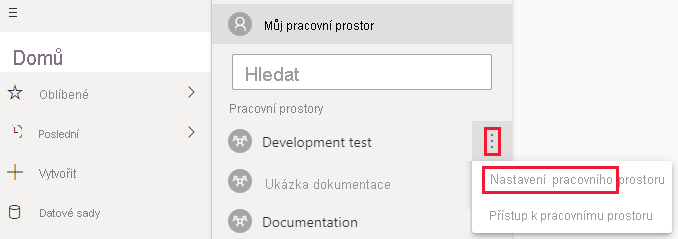 Snímek obrazovky služba Power BI s rozbalenou nabídkou Další v pracovním prostoru V této nabídce jsou zvýrazněné tři tečky a nastavení pracovního prostoru.