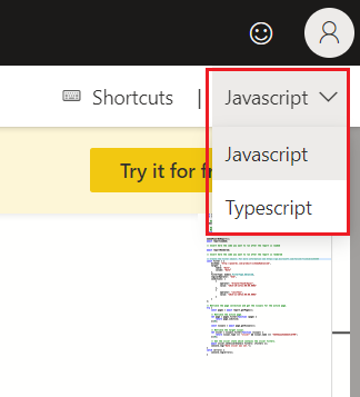 Snímek obrazovky s nabídkou pro výběr JavaScriptu nebo TypeScriptu