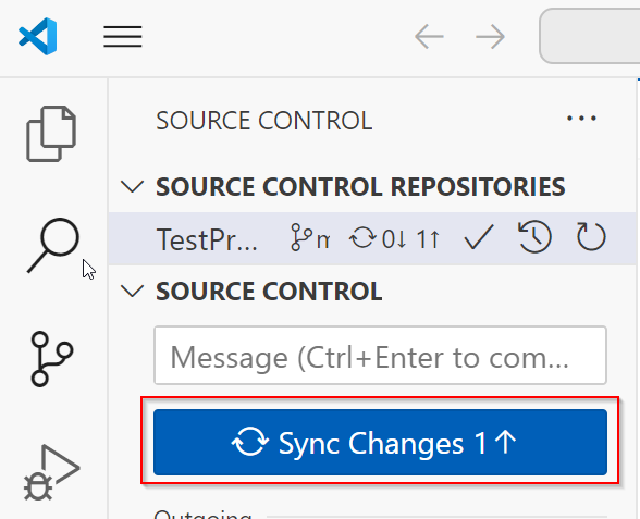 Snímek obrazovky s uživatelským rozhraním pro synchronizaci ve VS Code