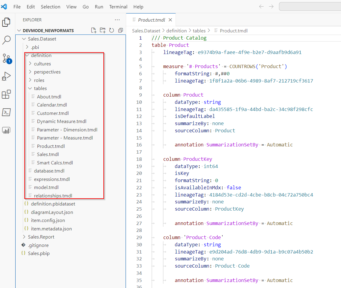 Snímek obrazovky se složkou definice sémantického modelu ve VS Code