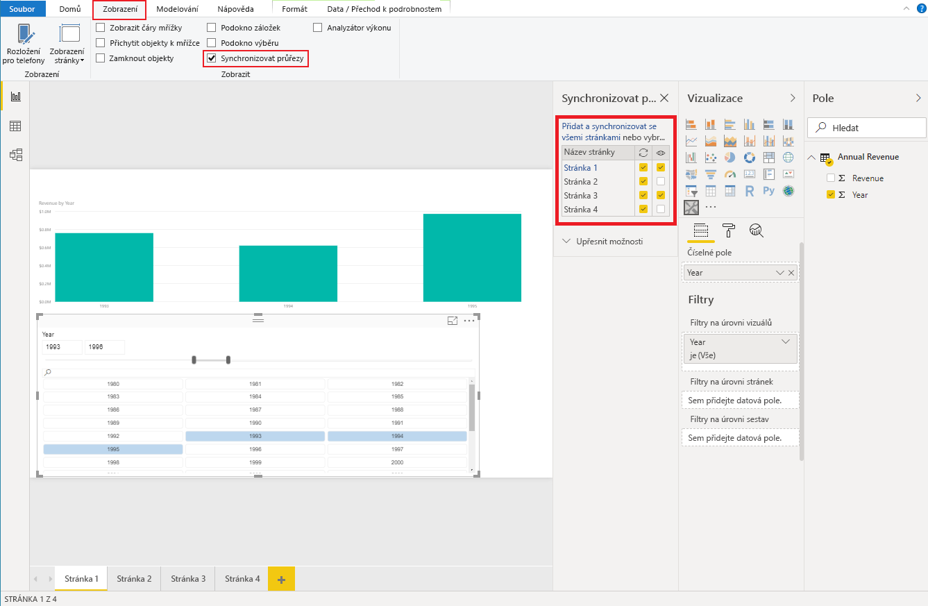 Snímek obrazovky Power BI Desktopu s podoknem Průřezy synchronizace zobrazení