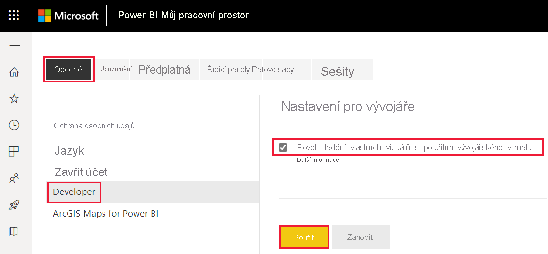 Snímek obrazovky s režimem povolení pro vývojáře v nastavení Power BI na kartě Nastavení pro vývojáře