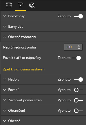 Snímek obrazovky s podoknem Vizualizace Power BI, které zobrazuje novou možnost Povolit tlačítko nápovědy