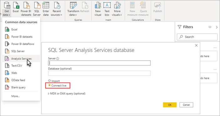 Snímek obrazovky s vybranou službou Power BI Desktop Analysis Services Živé připojení je zvýrazněné v dialogovém okně databáze služby Analysis Services.