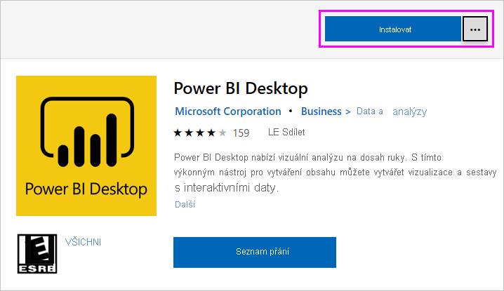 Snímek obrazovky Microsoft Storu s možností instalace Power BI Desktopu