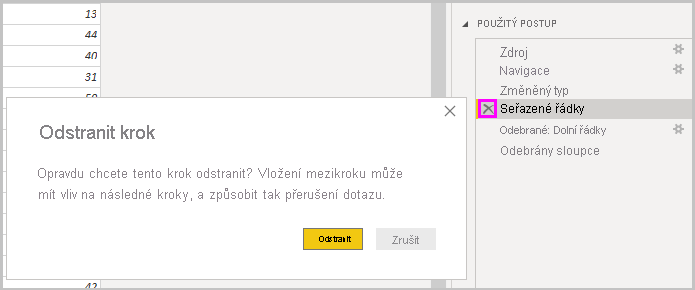 Snímek obrazovky Power BI Desktopu s dialogovým oknem Odstranit krok