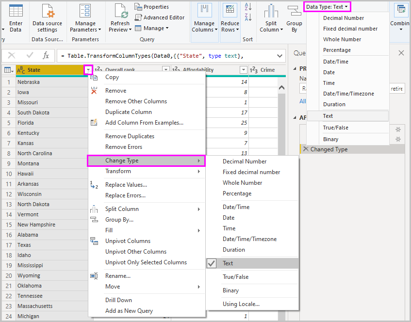 Snímek obrazovky Power BI Desktopu s možností změnit datový typ