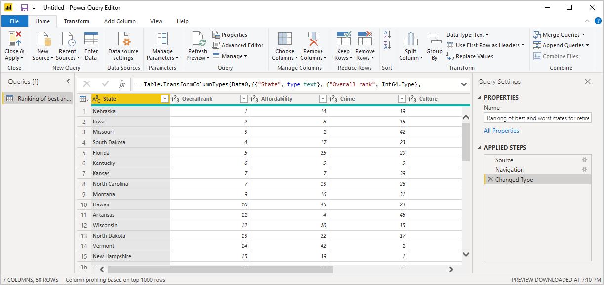 Snímek obrazovky Power BI Desktopu s Editor Power Query s nastavením dotazu