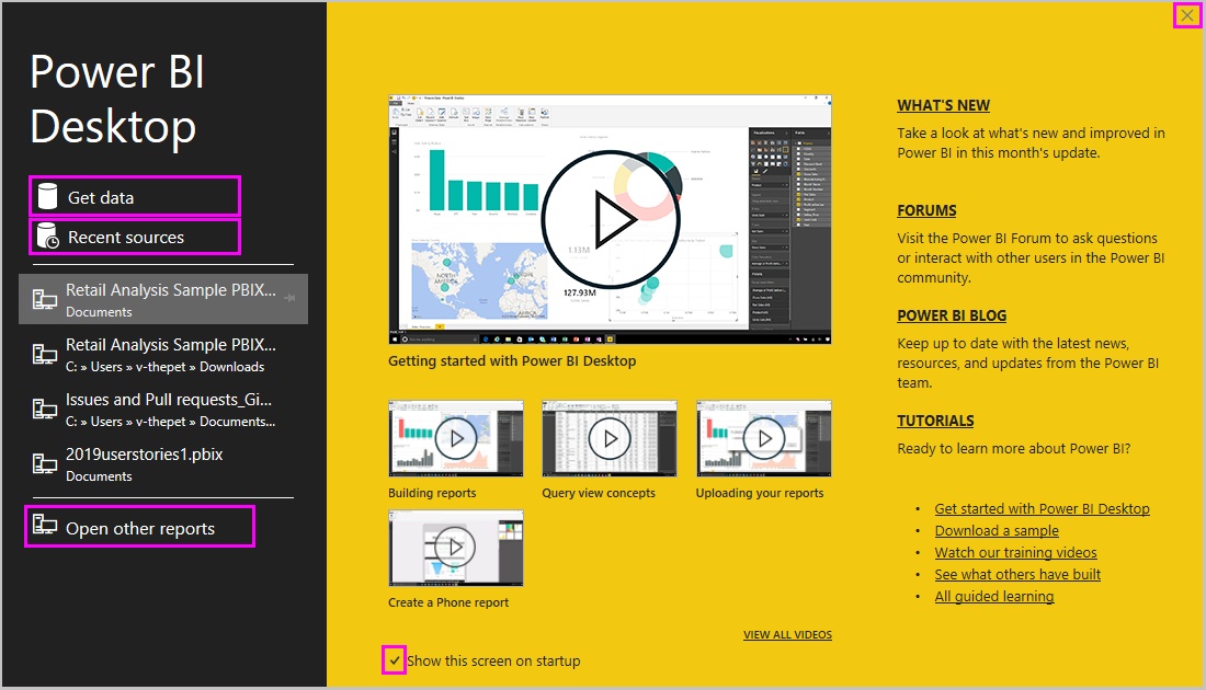 Snímek obrazovky Power BI Desktopu s úvodní obrazovkou