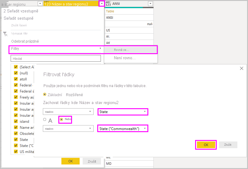 Snímek obrazovky Power BI Desktopu s polem dotazu Filtrovat řádky Editor Power Query