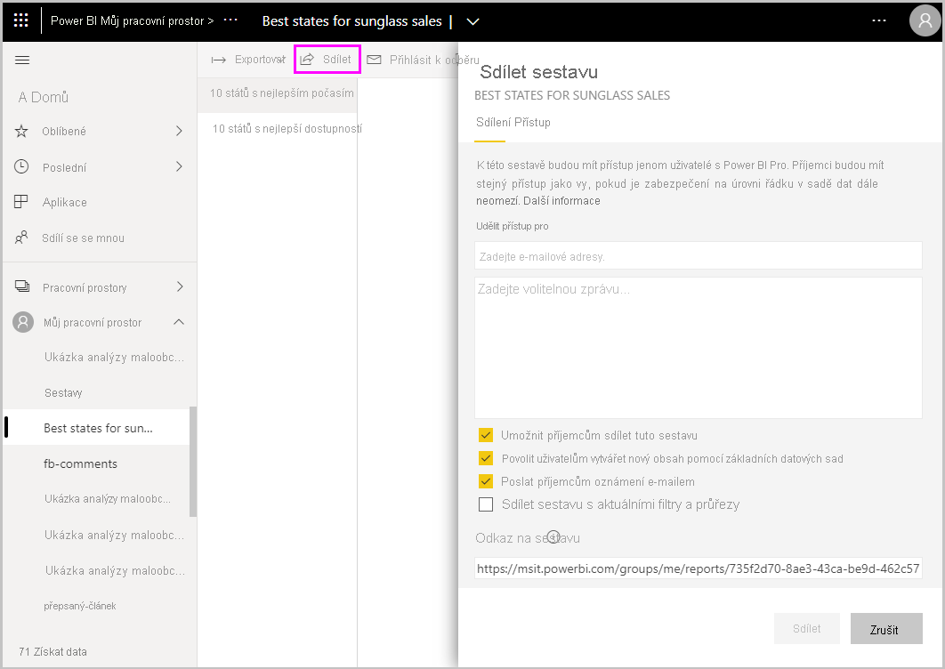 Snímek obrazovky Power BI Desktopu s obrazovkou Sdílet sestavu