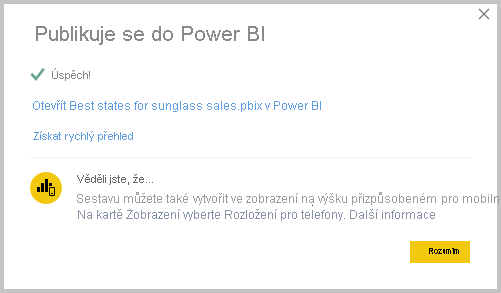 Snímek obrazovky Power BI Desktopu se zprávou o úspěšném publikování