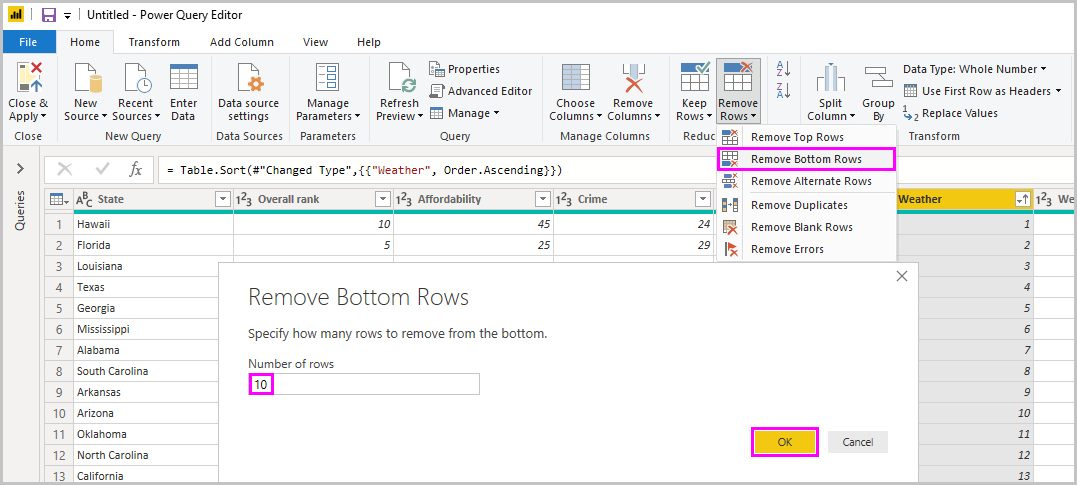 Snímek obrazovky Power BI Desktopu s dialogovým oknem Odebrat dolní řádky