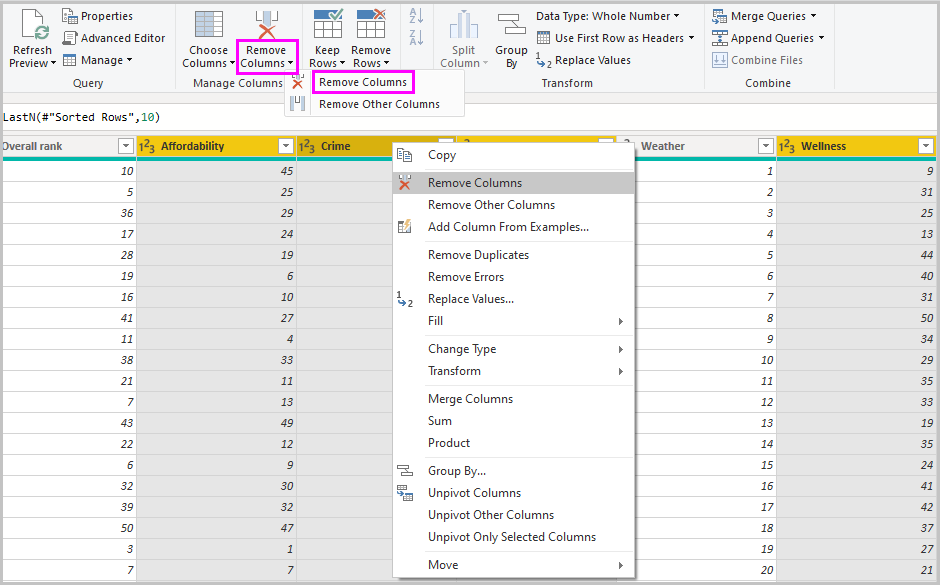 Snímek obrazovky Power BI Desktopu s odebráním sloupců přidaných do použitého postupu