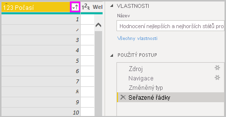 Snímek obrazovky Power BI Desktopu zobrazující seřazené řádky zobrazené v části Použitý postup