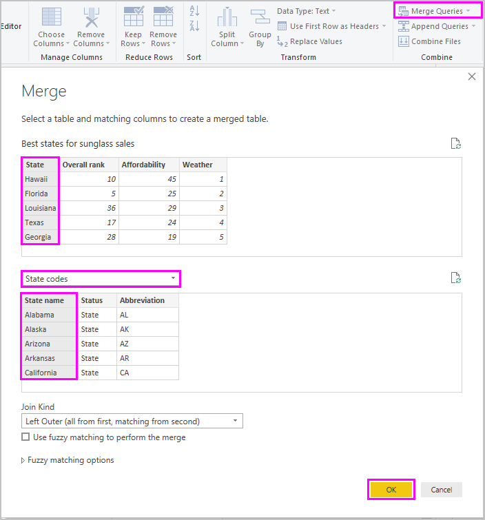 Snímek obrazovky Power BI Desktopu s oknem Sloučit dotazy