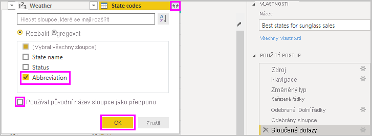 Snímek obrazovky Power BI Desktopu se sloupcem Zkratky kódů států