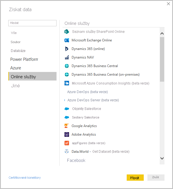 Screenshot of Power BI Desktop showing the Get Data dialog box.