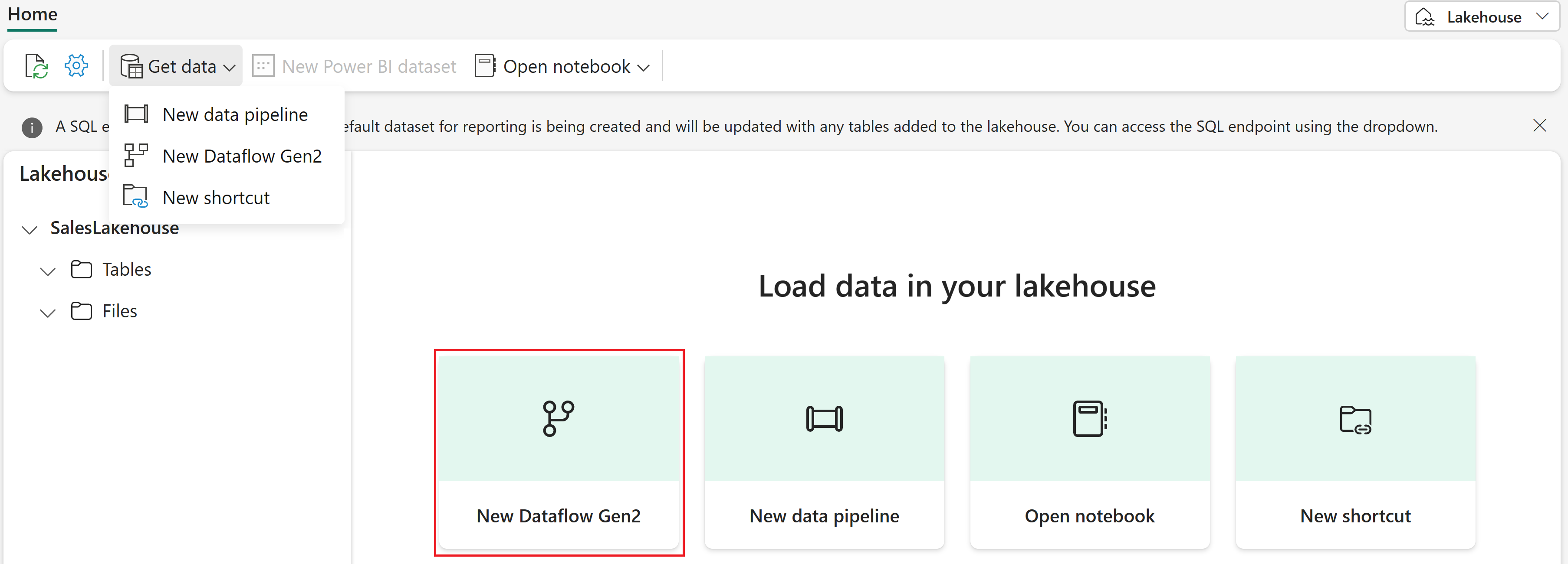 Snímek obrazovky s rozevíracím seznamem Získat data v editoru Lakehouse