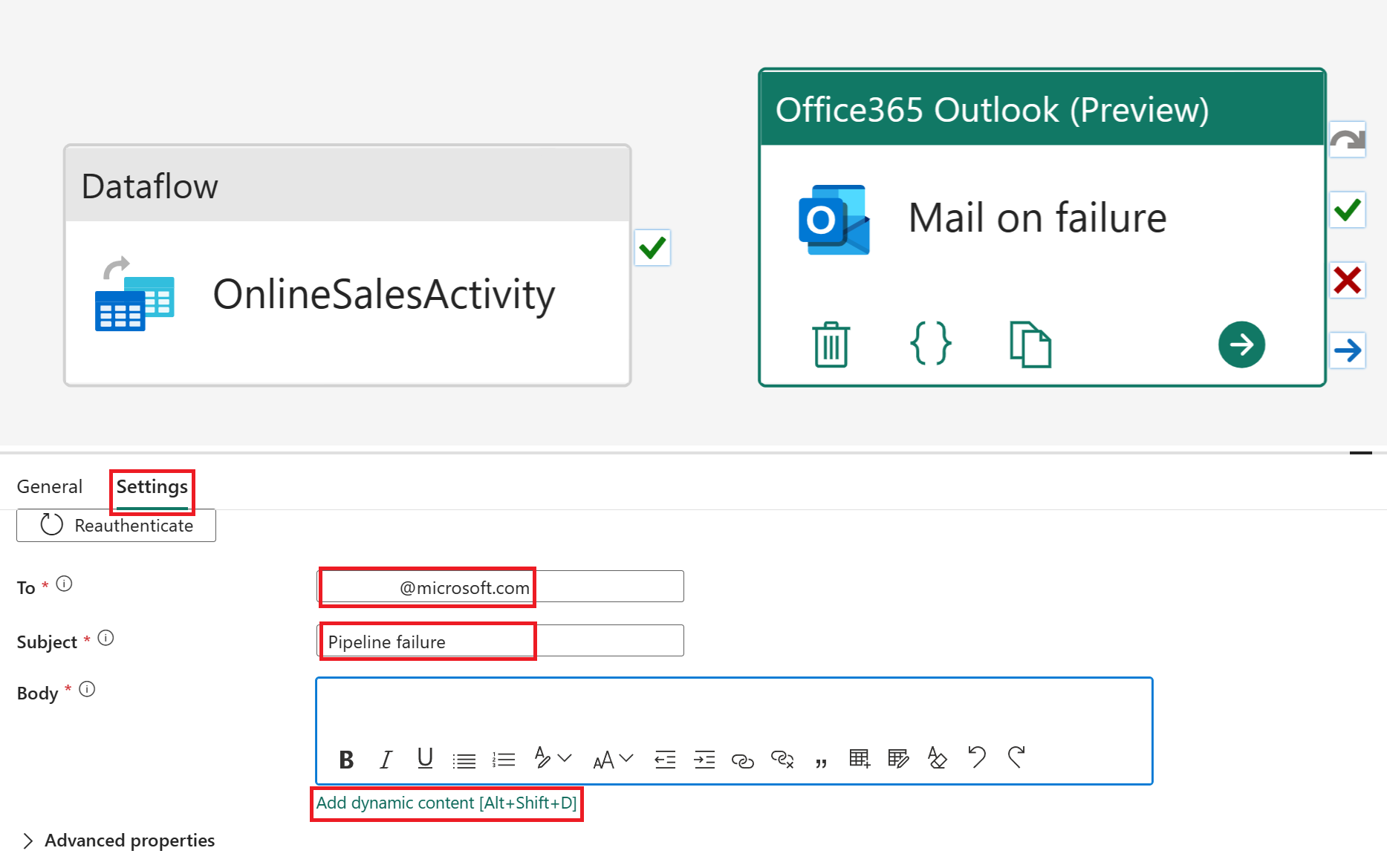 Snímek obrazovky s nastavením Office365 Outlooku