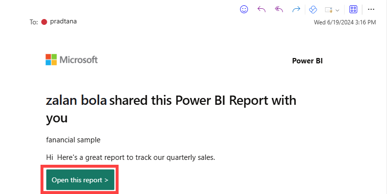 Snímek obrazovky s e-mailem s odkazem Power BI