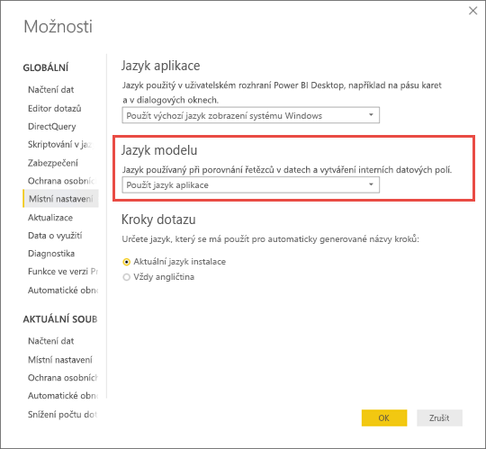 Snímek obrazovky Power BI Desktopu znázorňující, jak nastavit jazyk modelu