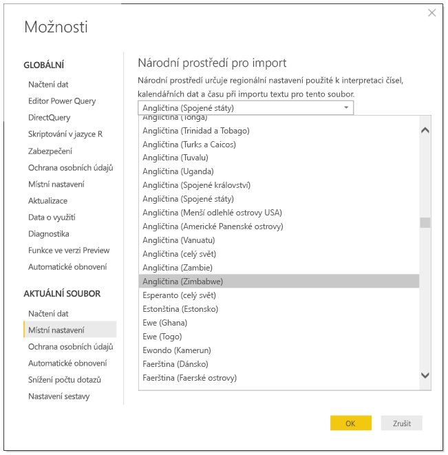 Snímek obrazovky Power BI Desktopu s dialogovým oknem Možnosti