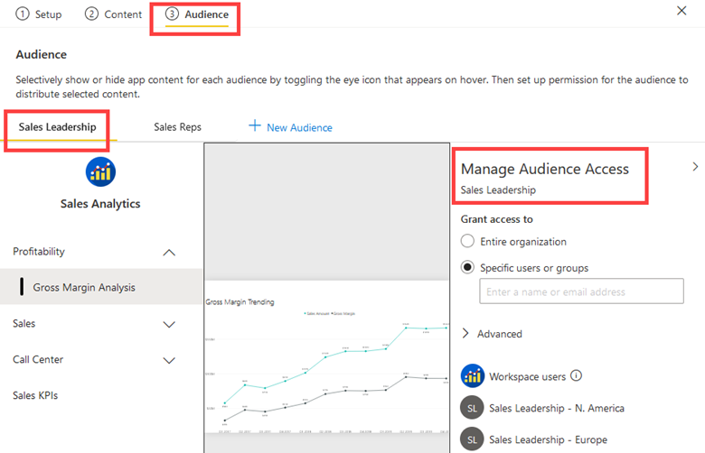 Snímek obrazovky s nastavením cílové skupiny aplikací v služba Power BI