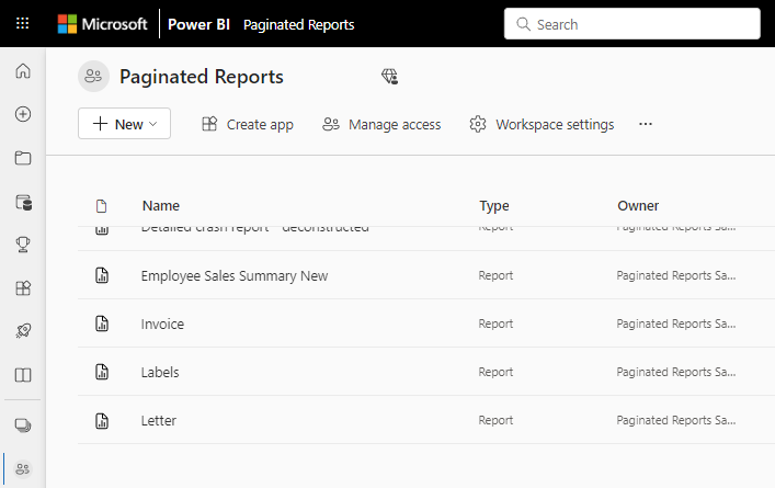 Snímek obrazovky zobrazující stránkované sestavy ve službě Power BI