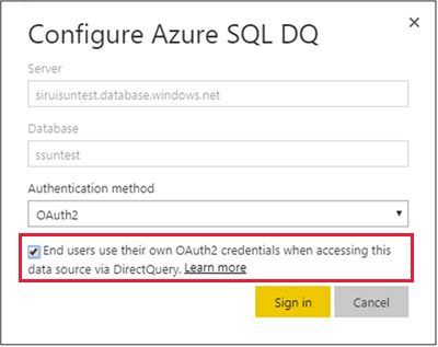 dialogové okno pro konfiguraci Azure SQL DQ